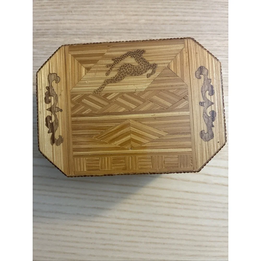 Octagon Hand Carved‎ Inlaid Wood Box for Jewelry & Trinkets with Gazelle